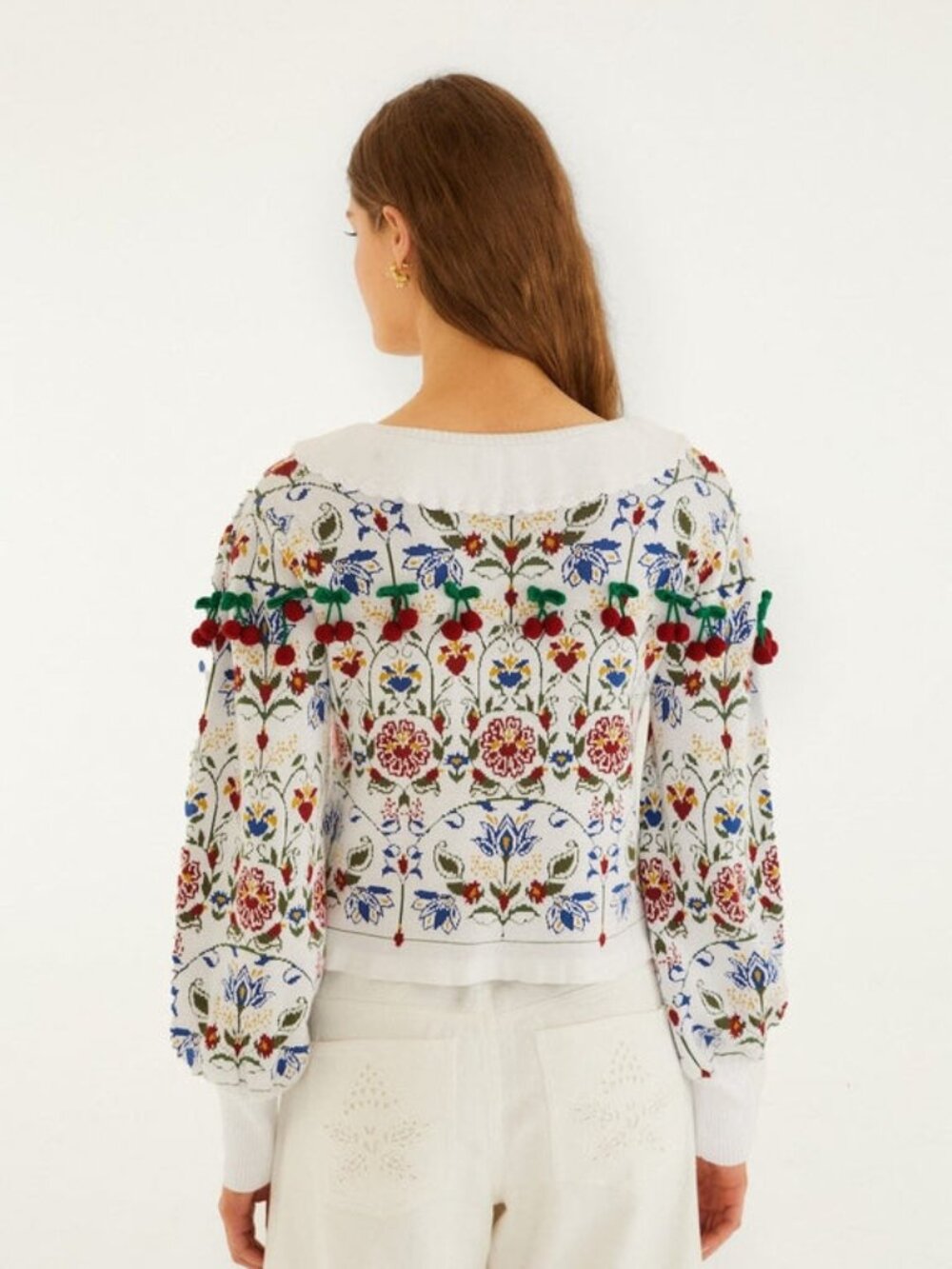 Farm Rio Stitched Garden Ainika Knit Cardigan Long Sleeves Size L Off White - Picture 2 of 4